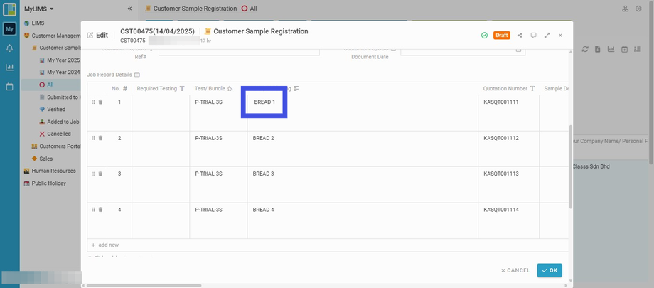 Navigate to the row of the 'Job Record Details' table to edit the field information