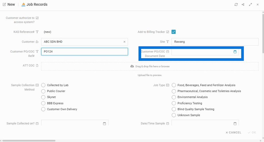 Choose a date on the calendar for 'Customer PO/COC Document Date'