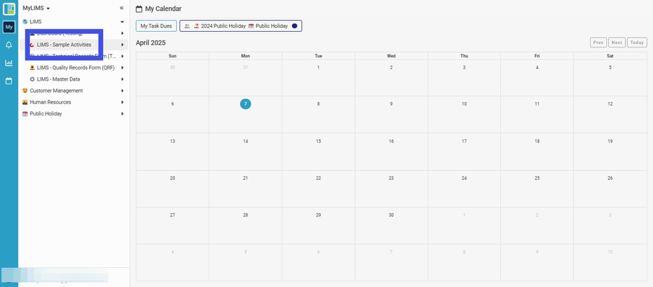 Click 'LIMS - Sample Activities'
