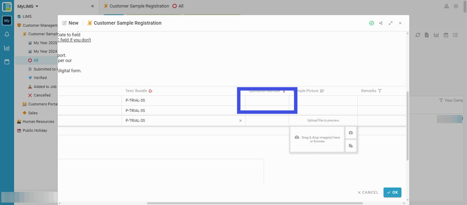 Insert Quotation Number for each sample