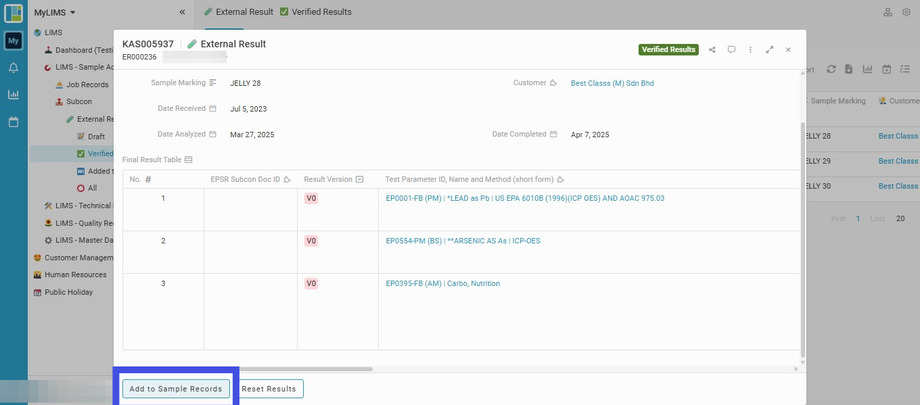 Click the 'Add to Sample Records' button to submit the Entry