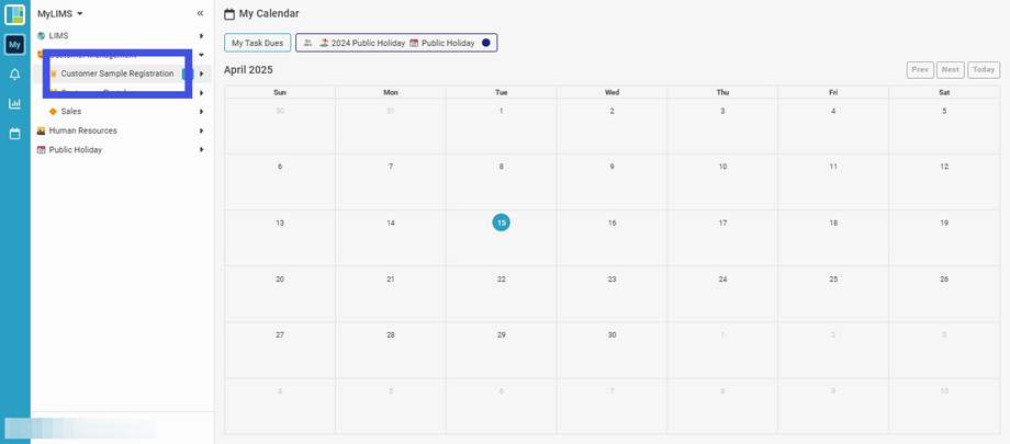 Click 'Customer Sample Registration'