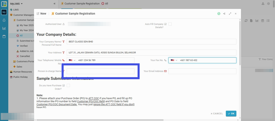 Enter Person-in-Charge Name