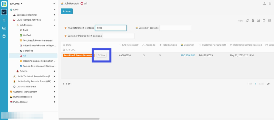 Navigate to the 'View' button to click and view the Record