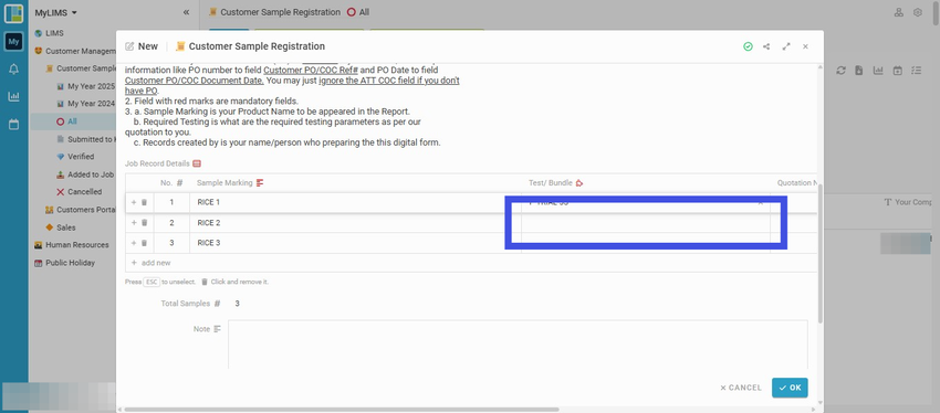 Continue inserting the Test/Bundle for the rest of the samples