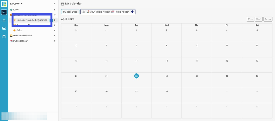 Click 'Customer Sample Registration'