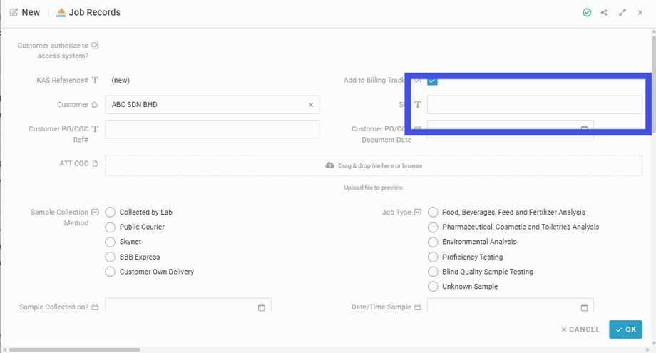 Insert a site name to the field 'Site' if there are specific site name for the registered Customer