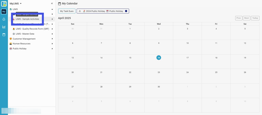 Click 'LIMS - Sample Activities'
