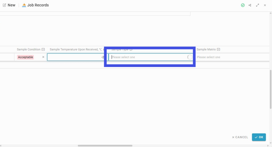 Insert information to the field 'Sample Type'