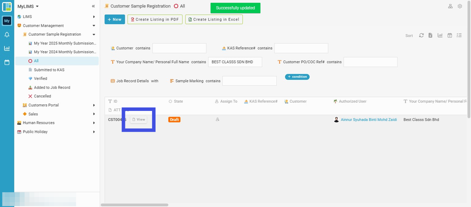 Navigate to the 'View' button to view the edited Entry (if you wish to)