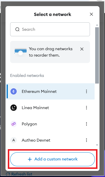 Network selection screen on MetaMask.