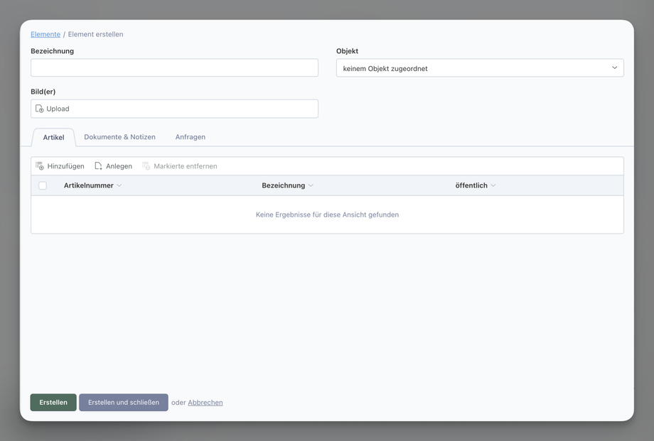 Eingabe der Elementdetails - Darstellung der Eingabefelder für Bezeichnung, Objekt und Bild. Der „Upload“-Button ermöglicht das Hochladen eines Bildes.