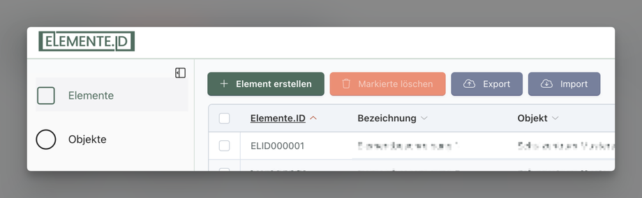 „Element erstellen“ Button - Zeigt die Benutzeroberfläche und die Position des Buttons „Element erstellen“, über den ein neues Element angelegt wird