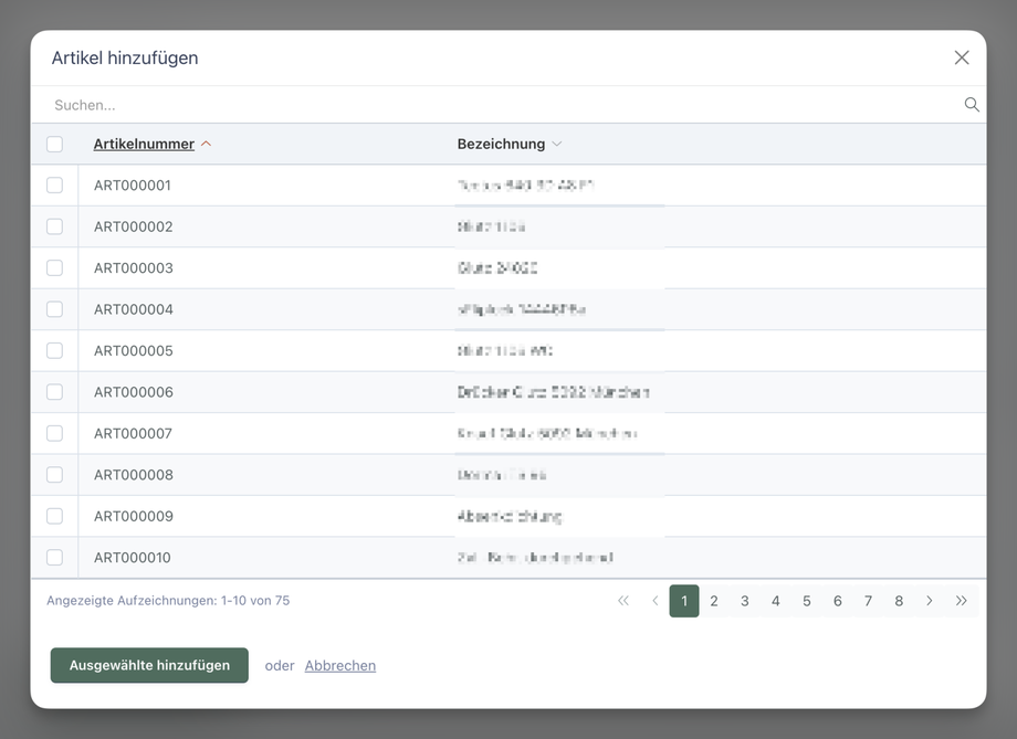 Hinzufügen von Artikeln - Zeigt die Oberfläche zum Hinzufügen von Artikeln mit Volltextsuche und Optionen zur Sichtbarkeitseinstellung