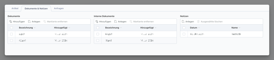 Dokumente & Notizen: Zeigt die beiden Dokumentenkategorien (öffentlich und intern) sowie Notizen für interne Vermerke.
