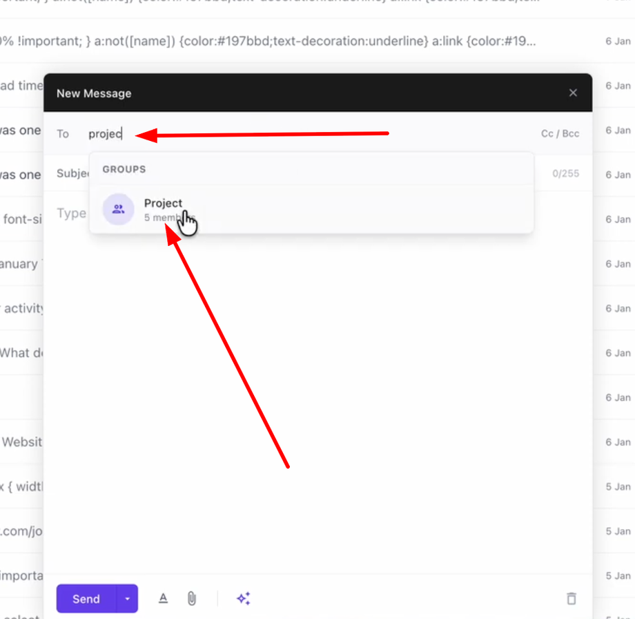 In the recipient field, simply start typing the name of your group.