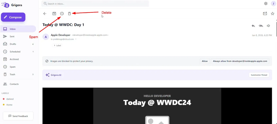 "Spam" and "Delete" options
