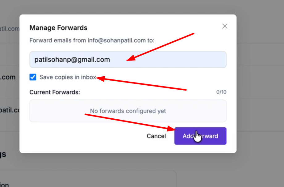 Enter details and click "Add Forwarder"