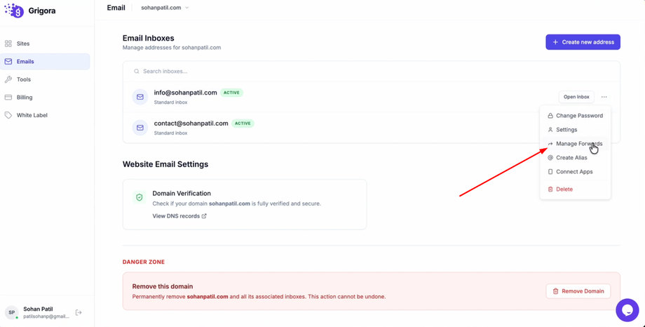 Select "Manage Forwarders" from the menu.&nbsp;
