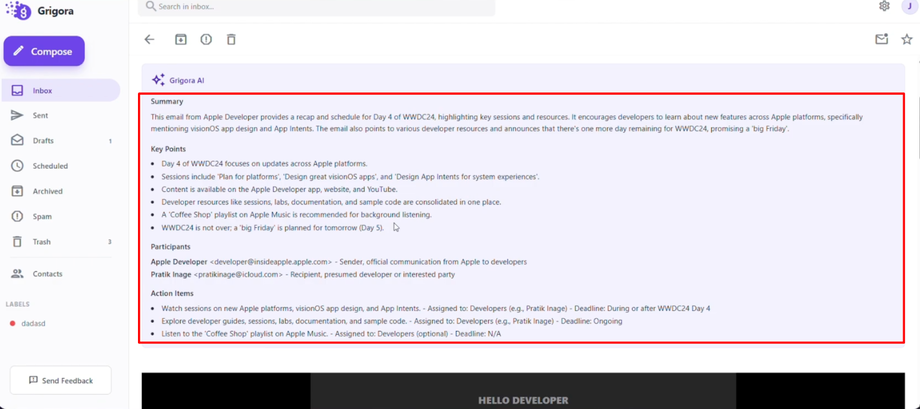 Generates a structured summary that highlights key points, participants, and specific action items.