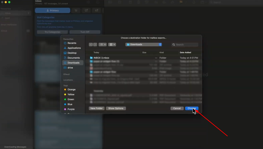 A macOS Mail app screenshot showing a 'Choose a destination folder for mailbox exports...' dialog, with 'Downloads' selected and a cursor pointing at the 'Choose' button.