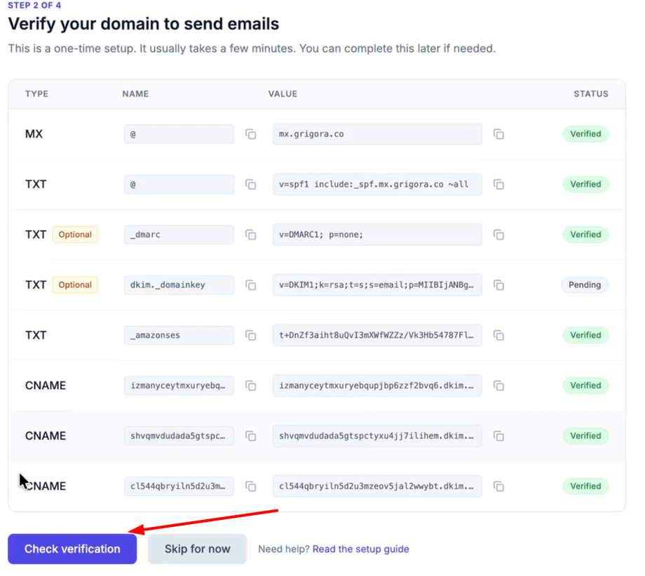 Screenshot of an email domain verification page with MX, TXT, and CNAME records, many marked as 'Verified'.