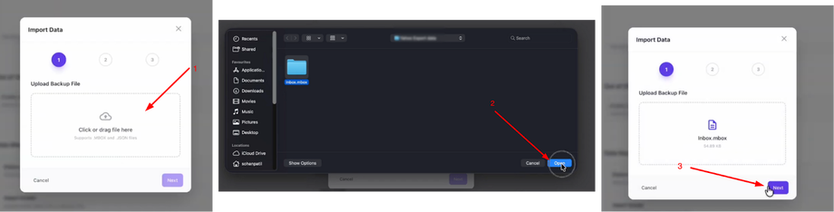 Screenshots showing how to import an MBOX backup file. Steps include uploading the file, selecting it, and clicking next.