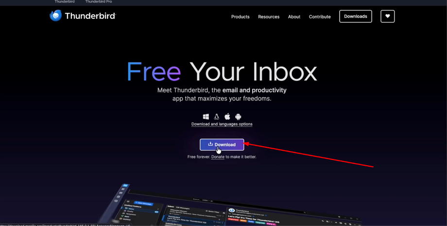 Thunderbird email client website showing 'Free Your Inbox' and a 'Download' button pointed to by a red arrow.