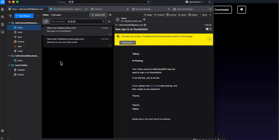 Screenshot of Thunderbird email client in dark mode, showing a Yahoo Mail inbox with a new sign-in notification and a welcome email.