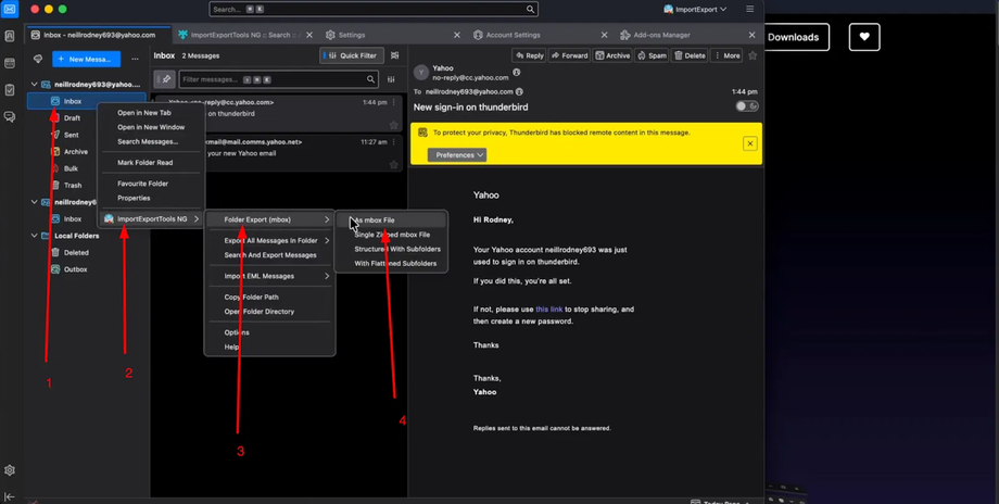 Thunderbird email client showing steps to export an inbox as an mbox file using ImportExportTools NG.