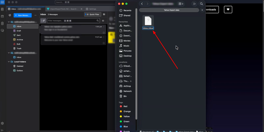 An MBOX file for Inbox shown in a file explorer window, with an email client visible in the background.