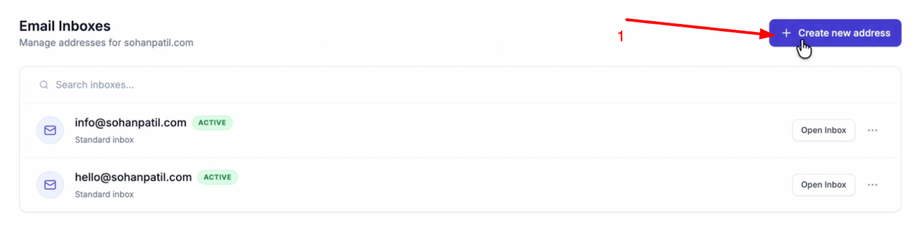 Screenshot of an email inbox management interface with two active email addresses and a 'Create new address' button.