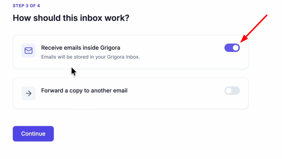 Grigora inbox settings with 'Receive emails inside Grigora' toggled on and 'Forward a copy to another email' off.