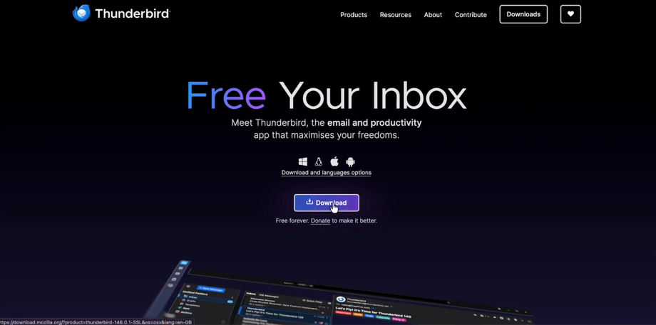 Thunderbird email client website with 'Free Your Inbox' headline and download button for various operating systems.