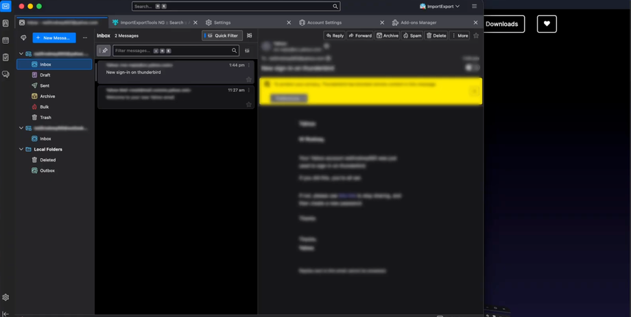 Screenshot of an email client (Thunderbird) in dark mode, showing the inbox, local folders, and an open email message.
