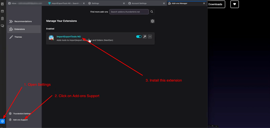 Screenshot showing steps to install the ImportExportTools NG extension in Thunderbird: Open Settings, click Add-ons Support, then install.