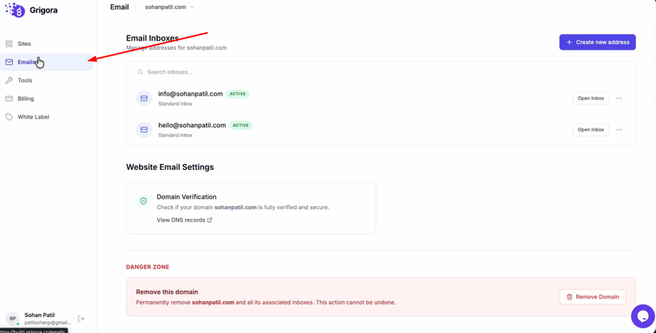 Grigora dashboard showing Email Inboxes, domain verification, and a 'Danger Zone' to remove the domain.