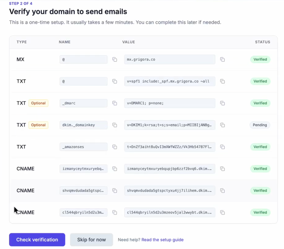 A screenshot of a user interface for verifying a domain to send emails, displaying DNS records (MX, TXT, CNAME) with their verification statuses. Most are verified, with one pending.