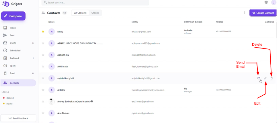 "Send email," "Edit," and "Delete." Options
