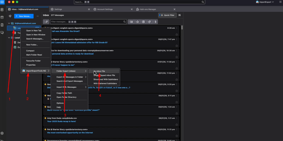 Screenshot of an email client showing a context menu for 'ImportExportTools NG' with 'Folder Export (mbox)' and 'As mbox File' options highlighted.