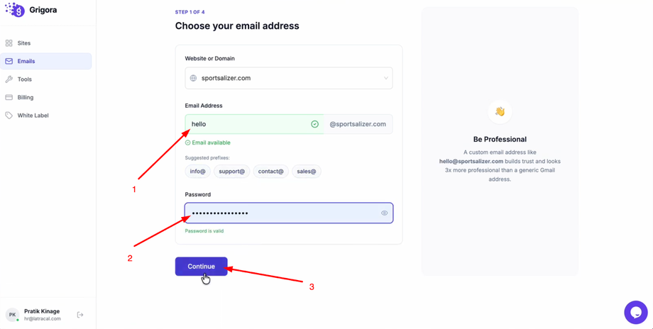 Add prefix, password and click continue
