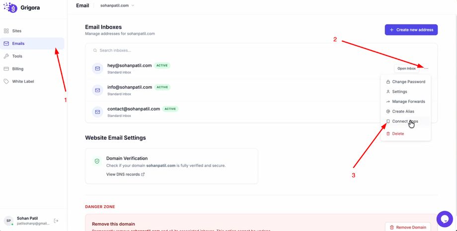 Open the "Emails" page
