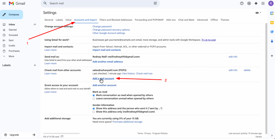 Navigate to the "Accounts and Import" tab and find the "Check mail from other accounts" section. Click "Add a mail account" to open the setup pop-up.