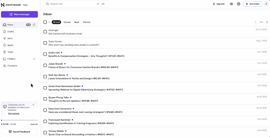 Hostinger Mail inbox with a list of emails, navigation sidebar, and an AI assistant prompt.