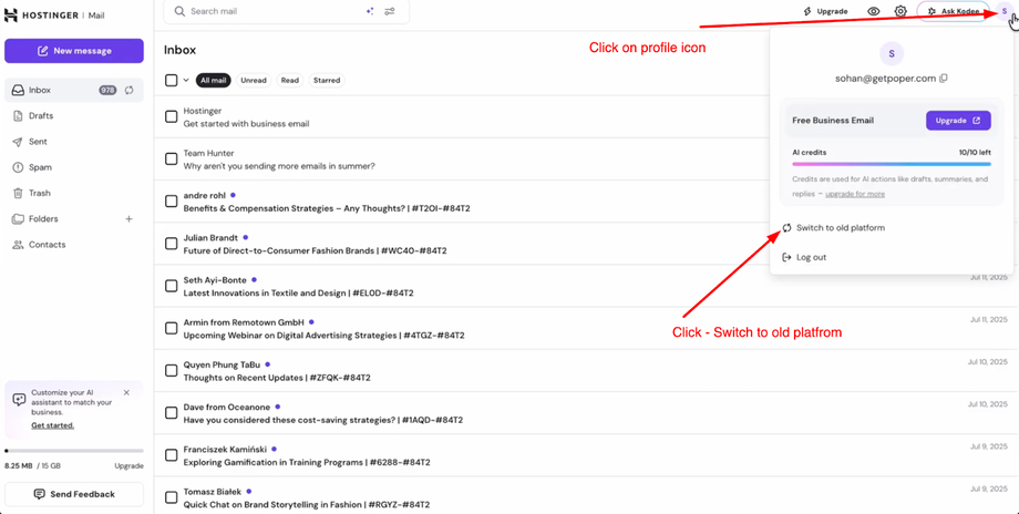 Hostinger Mail inbox with profile icon and 'Switch to old platform' button highlighted by red arrows.