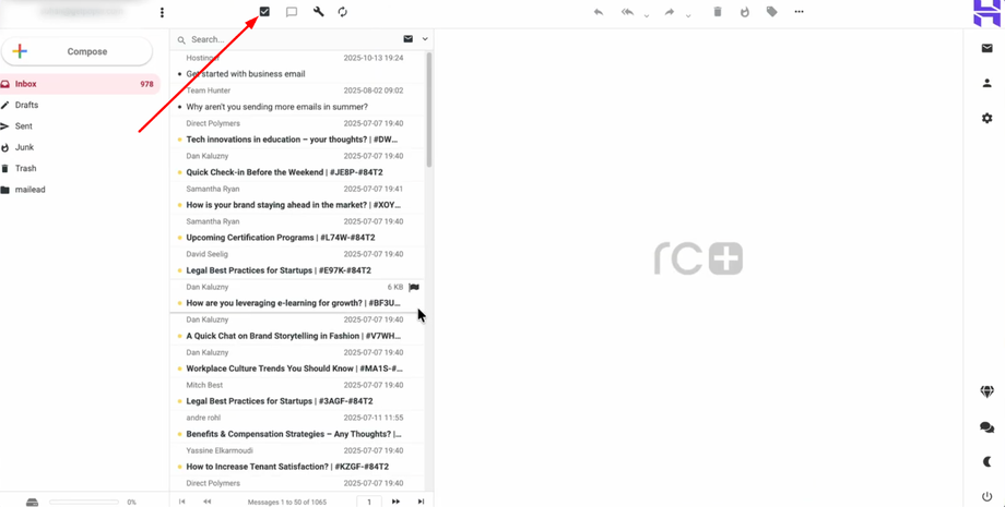 Screenshot of a inbox with an arrow pointing to the 'select all' checkbox, showing various unread emails.