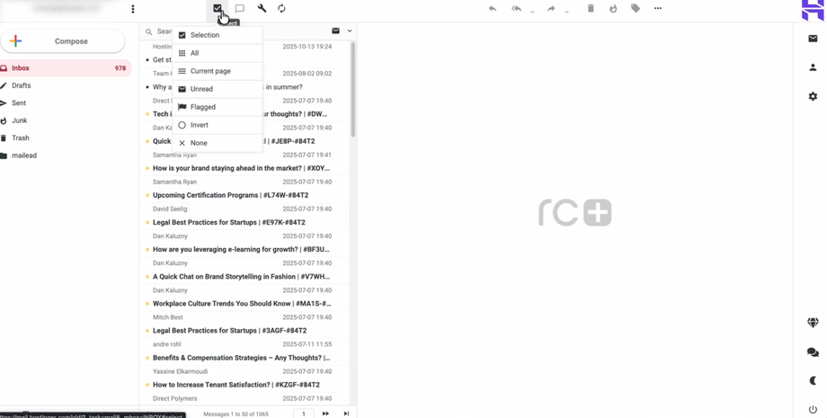 Screenshot of an email inbox with an open dropdown menu showing selection options like 'All', 'Unread', and 'Flagged'.