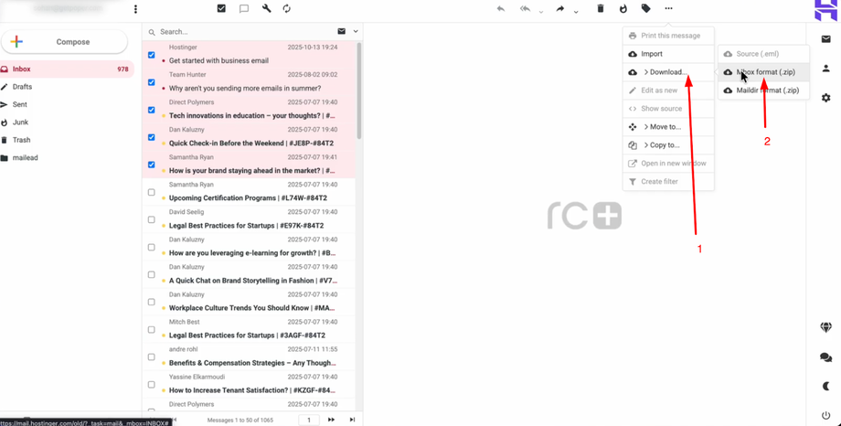 Screenshot showing how to download emails in Mbox format from an email client dropdown menu.