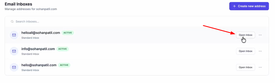 Screenshot of an email inbox management interface with a red arrow pointing to the "Open Inbox" button.