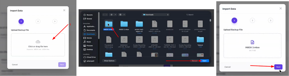 Screenshots showing a user importing an MBOX file from the Downloads folder into an application, then clicking Next.